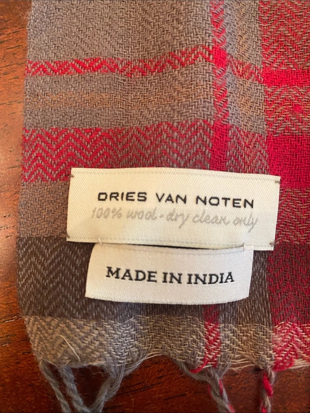 Dries Van Noten Gray Plaid Wool Scarf with Red Accents